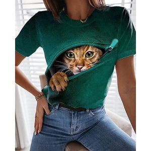 New  Printing Cute Cat/Cat Printing Female T-shirt Fashion Fitness Girl Short-sleeved Tops Fashion Casual Niche Design Clothing