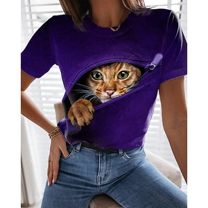 New  Printing Cute Cat/Cat Printing Female T-shirt Fashion Fitness Girl Short-sleeved Tops Fashion Casual Niche Design Clothing