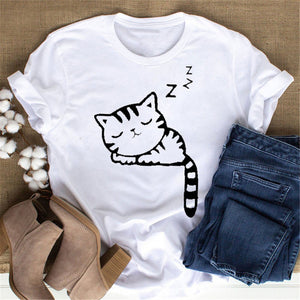 Cat Love Heart Printed Cat MOM Women&#39;s Top Summer Fashion Short-sleeved Women&#39;s T-shirt Cute Dog Paw Women&#39;s Black Top Tee