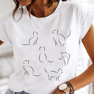 Women Cartoon Fashion Cat Lovely Style Cute Clothes Lady Print Short Sleeve Tops Tees Female Tshirt Graphic T-Shirt