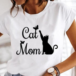 Women Cartoon Fashion Cat Lovely Style Cute Clothes Lady Print Short Sleeve Tops Tees Female Tshirt Graphic T-Shirt