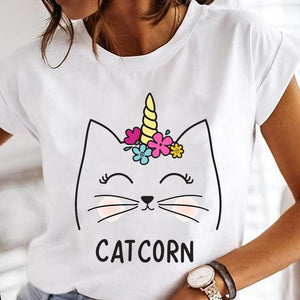 Women Cartoon Fashion Cat Lovely Style Cute Clothes Lady Print Short Sleeve Tops Tees Female Tshirt Graphic T-Shirt