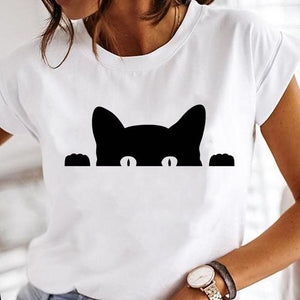 Women Cartoon Fashion Cat Lovely Style Cute Clothes Lady Print Short Sleeve Tops Tees Female Tshirt Graphic T-Shirt