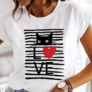 Women Cartoon Fashion Cat Lovely Style Cute Clothes Lady Print Short Sleeve Tops Tees Female Tshirt Graphic T-Shirt