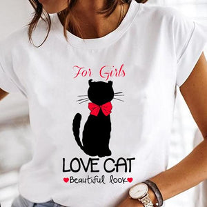 Women Cartoon Fashion Cat Lovely Style Cute Clothes Lady Print Short Sleeve Tops Tees Female Tshirt Graphic T-Shirt