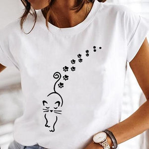 Women Cartoon Fashion Cat Lovely Style Cute Clothes Lady Print Short Sleeve Tops Tees Female Tshirt Graphic T-Shirt
