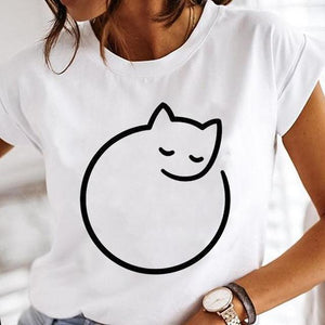 Women Cartoon Fashion Cat Lovely Style Cute Clothes Lady Print Short Sleeve Tops Tees Female Tshirt Graphic T-Shirt