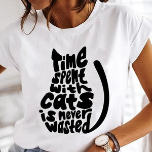 Women Cartoon Fashion Cat Lovely Style Cute Clothes Lady Print Short Sleeve Tops Tees Female Tshirt Graphic T-Shirt
