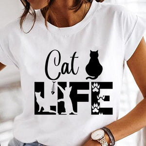 Women Cartoon Fashion Cat Lovely Style Cute Clothes Lady Print Short Sleeve Tops Tees Female Tshirt Graphic T-Shirt