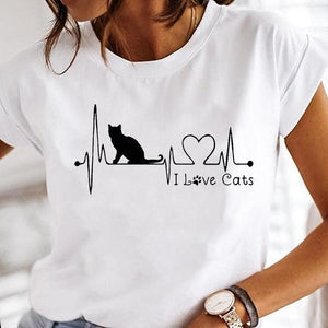 Women Cartoon Fashion Cat Lovely Style Cute Clothes Lady Print Short Sleeve Tops Tees Female Tshirt Graphic T-Shirt