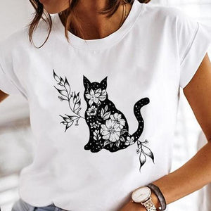 Women Cartoon Fashion Cat Lovely Style Cute Clothes Lady Print Short Sleeve Tops Tees Female Tshirt Graphic T-Shirt