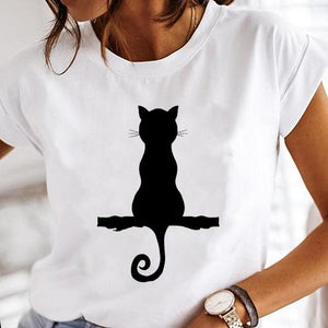 Women Cartoon Fashion Cat Lovely Style Cute Clothes Lady Print Short Sleeve Tops Tees Female Tshirt Graphic T-Shirt