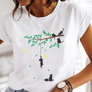 Women Cartoon Fashion Cat Lovely Style Cute Clothes Lady Print Short Sleeve Tops Tees Female Tshirt Graphic T-Shirt