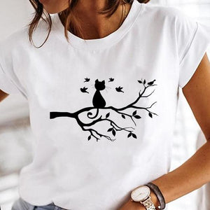 Women Cartoon Fashion Cat Lovely Style Cute Clothes Lady Print Short Sleeve Tops Tees Female Tshirt Graphic T-Shirt