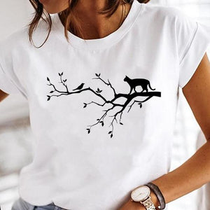Women Cartoon Fashion Cat Lovely Style Cute Clothes Lady Print Short Sleeve Tops Tees Female Tshirt Graphic T-Shirt