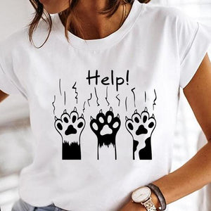 Women Cartoon Fashion Cat Lovely Style Cute Clothes Lady Print Short Sleeve Tops Tees Female Tshirt Graphic T-Shirt