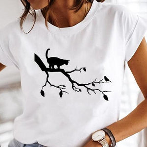 Women Cartoon Fashion Cat Lovely Style Cute Clothes Lady Print Short Sleeve Tops Tees Female Tshirt Graphic T-Shirt