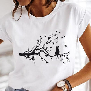 Women Cartoon Fashion Cat Lovely Style Cute Clothes Lady Print Short Sleeve Tops Tees Female Tshirt Graphic T-Shirt