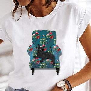 Women Cartoon Fashion Cat Lovely Style Cute Clothes Lady Print Short Sleeve Tops Tees Female Tshirt Graphic T-Shirt