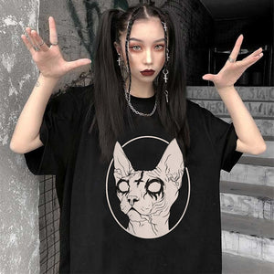 Death Metal Sphynx Cat T-Shirt Women Metal Harajuku Gothic TShirt female summer Aesthetic tshirt Hipster tops Graphic Tee shirt