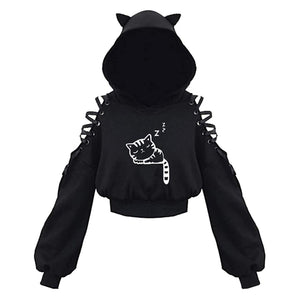 Women Long Sleeve Hoodies Kawaii Cat Ears Hoodie Gothic Punk Harajuku Cold Shouler Bandage Gothic Black Sweatshirts 2021