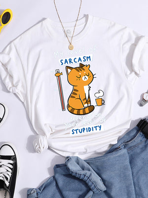 Tshirt For Woman Tsundere Cat Drinking Tea Women&#39;s Tshirt Oversize Fashion Women Clothing Funny Korean Style T-Shirts For Woman