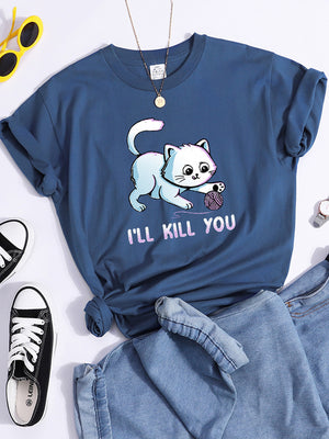 Tshirt For Woman Tsundere Cat Drinking Tea Women&#39;s Tshirt Oversize Fashion Women Clothing Funny Korean Style T-Shirts For Woman