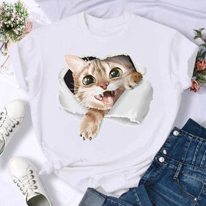 Women Print Cat Lovely Pet Animal Cute T Shirt Fashion Summer Female Casual Top Short Sleeve Tshirts Cartoon Graphic Tee T-Shirt