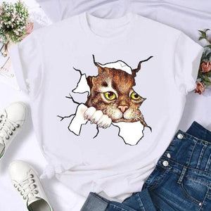 Women Print Cat Lovely Pet Animal Cute T Shirt Fashion Summer Female Casual Top Short Sleeve Tshirts Cartoon Graphic Tee T-Shirt