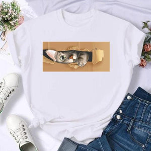 Women Print Cat Lovely Pet Animal Cute T Shirt Fashion Summer Female Casual Top Short Sleeve Tshirts Cartoon Graphic Tee T-Shirt