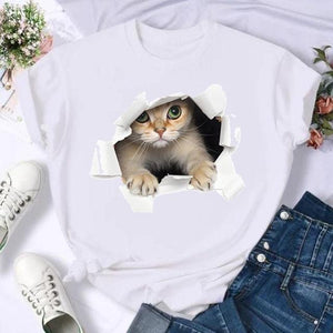 Women Print Cat Lovely Pet Animal Cute T Shirt Fashion Summer Female Casual Top Short Sleeve Tshirts Cartoon Graphic Tee T-Shirt