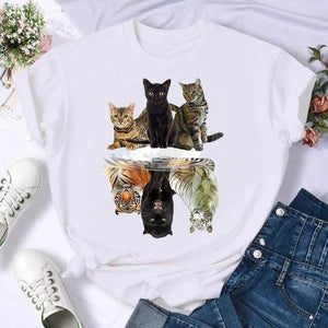 Women Print Cat Lovely Pet Animal Cute T Shirt Fashion Summer Female Casual Top Short Sleeve Tshirts Cartoon Graphic Tee T-Shirt
