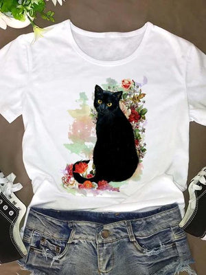 Women Short Sleeve Fashion Clothing Clothes Graphic T Shirt Cat Funny Sweet Lovely Trend Cartoon Summer Tee T-shirt Female Top
