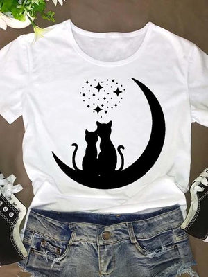 Women Short Sleeve Cat Funny Animal 90s O-neck Fashion Clothing Clothes Graphic T Shirt Cartoon Summer Tee T-shirt Female Top
