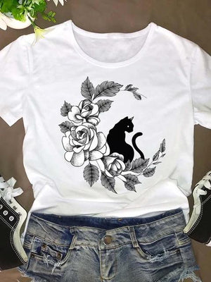 Women Short Sleeve Cat Funny Animal 90s O-neck Fashion Clothing Clothes Graphic T Shirt Cartoon Summer Tee T-shirt Female Top