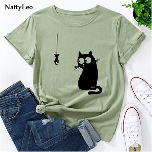 Summer Women&#39;s T-shirt Funny Cat Fish Print TShirt Women Clothing O Neck 100%Cotton T Shirt Short Sleeve Top Tee Women Shirts