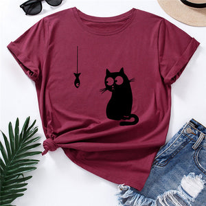 Summer Women&#39;s T-shirt Funny Cat Fish Print TShirt Women Clothing O Neck 100%Cotton T Shirt Short Sleeve Top Tee Women Shirts