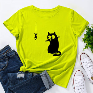 Summer Women&#39;s T-shirt Funny Cat Fish Print TShirt Women Clothing O Neck 100%Cotton T Shirt Short Sleeve Top Tee Women Shirts