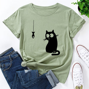 Summer Women&#39;s T-shirt Funny Cat Fish Print TShirt Women Clothing O Neck 100%Cotton T Shirt Short Sleeve Top Tee Women Shirts