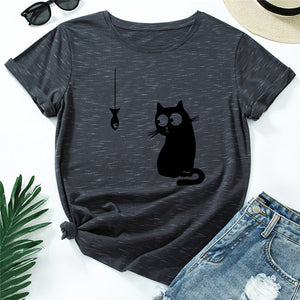 Summer Women&#39;s T-shirt Funny Cat Fish Print TShirt Women Clothing O Neck 100%Cotton T Shirt Short Sleeve Top Tee Women Shirts