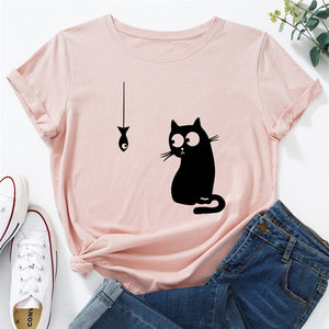 Summer Women&#39;s T-shirt Funny Cat Fish Print TShirt Women Clothing O Neck 100%Cotton T Shirt Short Sleeve Top Tee Women Shirts