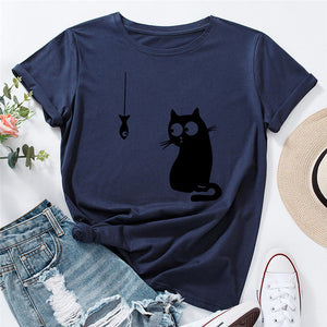 Summer Women&#39;s T-shirt Funny Cat Fish Print TShirt Women Clothing O Neck 100%Cotton T Shirt Short Sleeve Top Tee Women Shirts