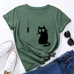 Summer Women&#39;s T-shirt Funny Cat Fish Print TShirt Women Clothing O Neck 100%Cotton T Shirt Short Sleeve Top Tee Women Shirts
