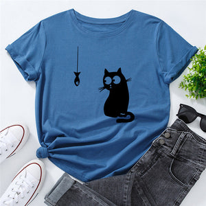 Summer Women&#39;s T-shirt Funny Cat Fish Print TShirt Women Clothing O Neck 100%Cotton T Shirt Short Sleeve Top Tee Women Shirts