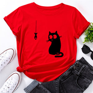 Summer Women&#39;s T-shirt Funny Cat Fish Print TShirt Women Clothing O Neck 100%Cotton T Shirt Short Sleeve Top Tee Women Shirts