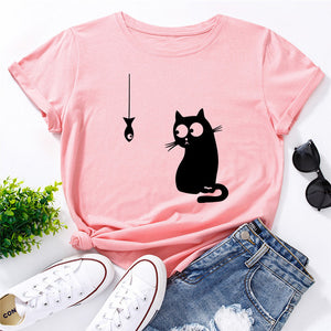 Summer Women&#39;s T-shirt Funny Cat Fish Print TShirt Women Clothing O Neck 100%Cotton T Shirt Short Sleeve Top Tee Women Shirts