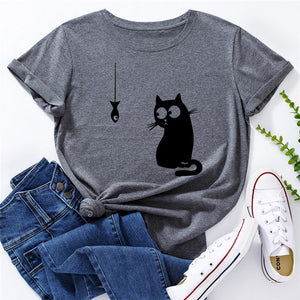 Summer Women&#39;s T-shirt Funny Cat Fish Print TShirt Women Clothing O Neck 100%Cotton T Shirt Short Sleeve Top Tee Women Shirts