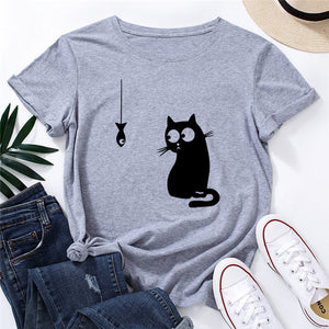 Summer Women&#39;s T-shirt Funny Cat Fish Print TShirt Women Clothing O Neck 100%Cotton T Shirt Short Sleeve Top Tee Women Shirts