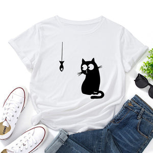 Summer Women&#39;s T-shirt Funny Cat Fish Print TShirt Women Clothing O Neck 100%Cotton T Shirt Short Sleeve Top Tee Women Shirts