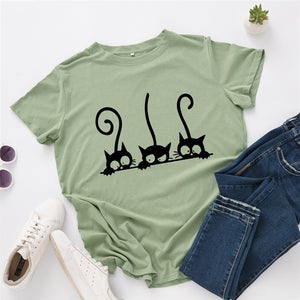 Kawaii Summer TShirt Cute Cat Print T Shirt 100%Cotton Female T-Shirt O Neck Short Sleeve Tees Women Clothes Pink Tops